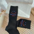 Casual black ribbed crew socks with smiley face and letter print, ideal for autumn daily wear. - One Size 34-39 / Black