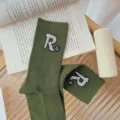 Green ribbed mid-calf socks for women featuring rhinestone letter R patch cozy winter wear - One Size 34-39 / Army Green