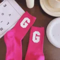 Hot pink mid-calf socks for women featuring a stylish white letter G leather patch design candy color. - One Size 34-39 / Rose Red and White G