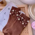 Brown pearl embellished ribbed mid-calf socks, stylish Japanese sweet knit hosiery for women and girls. - One Size (EU 34-39) / Caramel color