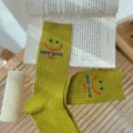 Avocado green ribbed crew socks, cute smiley face and letter print casual cotton socks. - One Size 34-39 / Army Green