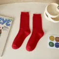 Solid Red Ribbed Crew Socks for Women Autumn Winter Casual Korean Style Streetwear Daily Wear - Red