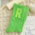 Green mid-calf socks for women featuring a bold R letter patch and soft knit fabric. - One Size 34-39 / Fruit Green Green R