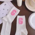 White mid-tube socks with pink letter G leather patch, sweet candy style daily wear. - One Size 34-39 / Creamy White and Pink G
