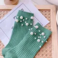 Green ribbed mid-calf socks decorated with stylish artificial pearls for women daily wear. - One Size (EU 34-39) / Green