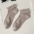 Women cute pearl lace short socks breathable mesh summer ankle socks sweet style - Gray