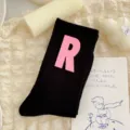 Black mid-calf socks featuring a sweet pink letter R patch, stylish Japanese ins style chic. - One Size 34-39 / Black Sock Pink R