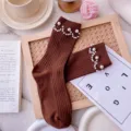Brown pearl embellished knit mid-calf socks women trendy elegant casual stylish daily wear fall - One Size (EU 34-39) / Caramel color
