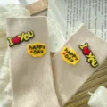 Beige ribbed crew socks with cute 3D silicone patches, trendy aesthetic mid-tube casual hosiery for women. - One Size 34-39 / Khaki