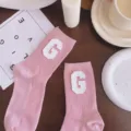 Macaron pink mid-tube women's socks featuring a stylish white leather letter G patch for sweet daily wear. - One Size 34-39 / Light Pink and White G