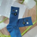 Blue ribbed crew socks featuring cute smiley face and number prints, casual style mid-tube socks. - One Size 34-39 / Blue