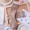 Trendy khaki ribbed mid-tube socks for women, featuring elegant pearl cuffs for chic autumn wear. - One Size (EU 34-39) / Light Coffee