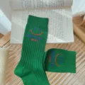 Green ribbed crew socks with cute smiley face and letter print for women daily wear. - One Size 34-39 / Green