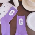 Purple mid-calf socks with white letter G leather patch, sweet candy style socks. - One Size 34-39 / Light Purple and White G