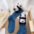Cute 3d panda plush doll mid-tube socks casual blue cotton hosiery for women girls autumn - One Size 34-39 / Blue