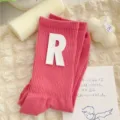 Sweet pink mid-tube socks for women, featuring a chic 3D white R letter patch, cozy knit design. - One Size 34-39 / Dusty Pink White R