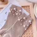 Women Japanese style mid-calf socks with elegant faux pearls, trendy ribbed knit design. - One Size (EU 34-39) / Light Coffee