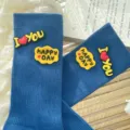 Women trendy mid-calf socks with cute silicone letter patches, comfy blue striped knit. - One Size 34-39 / Blue