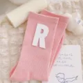 Pink mid-calf socks for women featuring a white letter R patch, sweet Japanese ins style. - One Size 34-39 / Light Pink White R