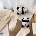 Cute 3D plush panda mid-calf socks for women, sweet preppy style kawaii cotton hosiery. - One Size 34-39 / Milky White