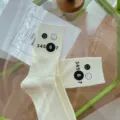 White cotton mid-calf socks with funny smiley face and number print, casual style. - One Size 34-39 / Milk White