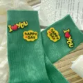 Green ribbed crew socks for women with cute silicone patches, stylish daily wear hosiery. - One Size 34-39 / Green
