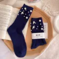 Chaussettes mi-mollet tricotées perles femme bleu marine chaussettes mode jolies - Taille Unique (EU 34-39) / Bleu Marine