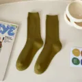 Olive green ribbed mid-calf socks for women, solid color knit casual fashion socks. - Army Green