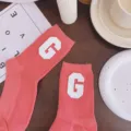 Macaron color leather patch letter G women's socks sweet style mid-tube socks ins style - One Size 34-39 / Watermelon Red and White G