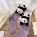 Purple ribbed mid-tube socks featuring cute 3D panda plush dolls, sweet college style. - One Size 34-39 / Taro Purple