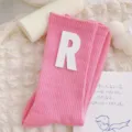 Pink ribbed mid-tube socks for women, sweet Japanese style with white R letter patch. - One Size 34-39 / Girly Pink White R