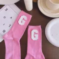 Macaron pink mid-calf socks with white letter G leather patch sweet candy style socks - One Size 34-39 / Sakura Pink & White G