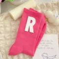 Pink ribbed mid-calf socks feature white letter R patch for sweet everyday style - One Size 34-39 / Peach Pink White R