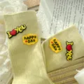 Ribbed crew socks for women, cute colorful silicone letter patches, sweet autumn hosiery - One Size 34-39 / Light Yellow