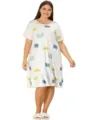 Plus size cute cat print short sleeve casual nightgown loose comfortable sleepwear dress - 1XL / White
