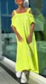 Detailansicht des neon gelben, schulterfreien, lockeren langen Sommerkleids für Damen. - XS / Neongelb
