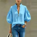 Hellblaue V-Ausschnitt Laternenarm Bluse Variante, lässiges europäisches Damen Oberteil. - S / Oberteile / Himmelblau