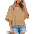 Locker sitzendes khakifarbenes Damen T-Shirt mit Trommelärmeln, bequemes Alltagsoberteil - S / Oberteile / Khaki