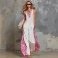Damen Sommer weiß rosa Leo-Print ärmellos Oberteil weite Hose Set schick Mode Freizeit Outfit - S / Set / Rosa