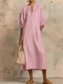 Elegantes Damen einfarbiges Leinen loses Freizeit Puffärmel Midi-Kleid mit Front-Reißverschluss. - S / Rosa