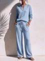 Damen Waffelstrick Lounge Set Langarmshirt und weite Hose Freizeit Zweiteiler Outfit - S / Oberteil Und Unterteil / Hellblau