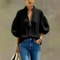 Damen V-Ausschnitt Metallreißverschluss Laternenarm Lässige Einfarbige Lose Bluse Top - S / Oberteile / Schwarz