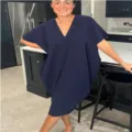 2024 Été Femme Col V Casual Ample Midi Robe Couleurunie Manches Courtes Kaftan Tenue - S / Bleu marine