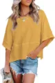 Verano suelto color sólido cuello redondo manga media empalmado top camiseta de mujer - Amarillo