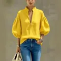 Damen Gelb V-Ausschnitt Reißverschluss Laternenarm Bluse Lässiges Lockeres Top Mit Jeans - S / Oberteile / Gelb