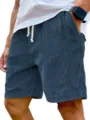 Men's Corduroy Casual Shorts Vintage Drawstring Summer Beach Shorts Athletic Pants - M / Navy Blue