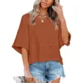 Damen lässiges lockeres einfarbiges T-Shirt mit Glockenärmeln Sommer Oberteil Mode neu - S / Oberteile / Braun