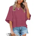 Damen lässiges loses einfarbiges Glockenarm T-Shirt Oberteil mit modischem Patchwork-Design. - S / Oberteile / Lila