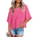 Lässiges, lockeres einfarbiges Damen T-Shirt mit Trompetenärmeln und modernem Design. - S / Oberteile / Fuchsia
