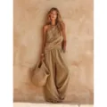 Casual linen one-shoulder sleeveless top and wide leg pants set for women summer beach. - Khaki